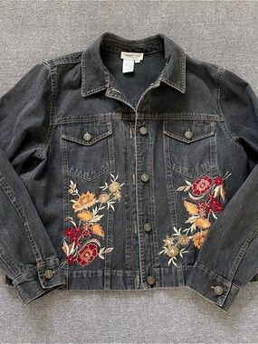 Coldwater Creek Black Denim Jacket with Floral Embroidery